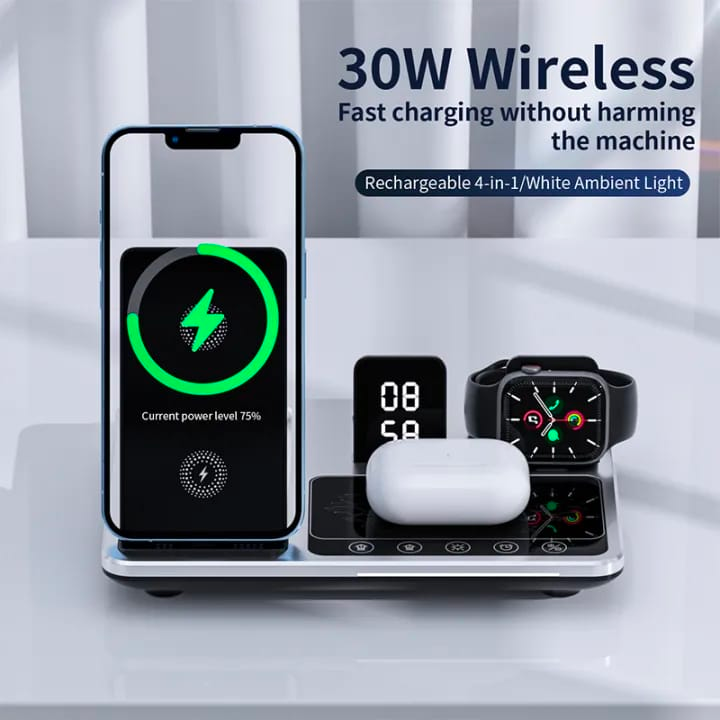4 in 1 Wireless Charger Stand + Clock Alarm Touch Sensor 30w fast charging for iPhone, Apple watch, AirPods & Many devices